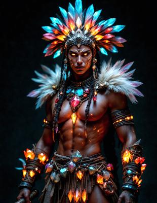 The primary subject of the image is a man wearing a colorful headdress and costume. The setting is a dark room, and the visual style appears to be a combination of digital art and illustration. The man is the main focus of the image, and the colors and mood are vibrant and lively.